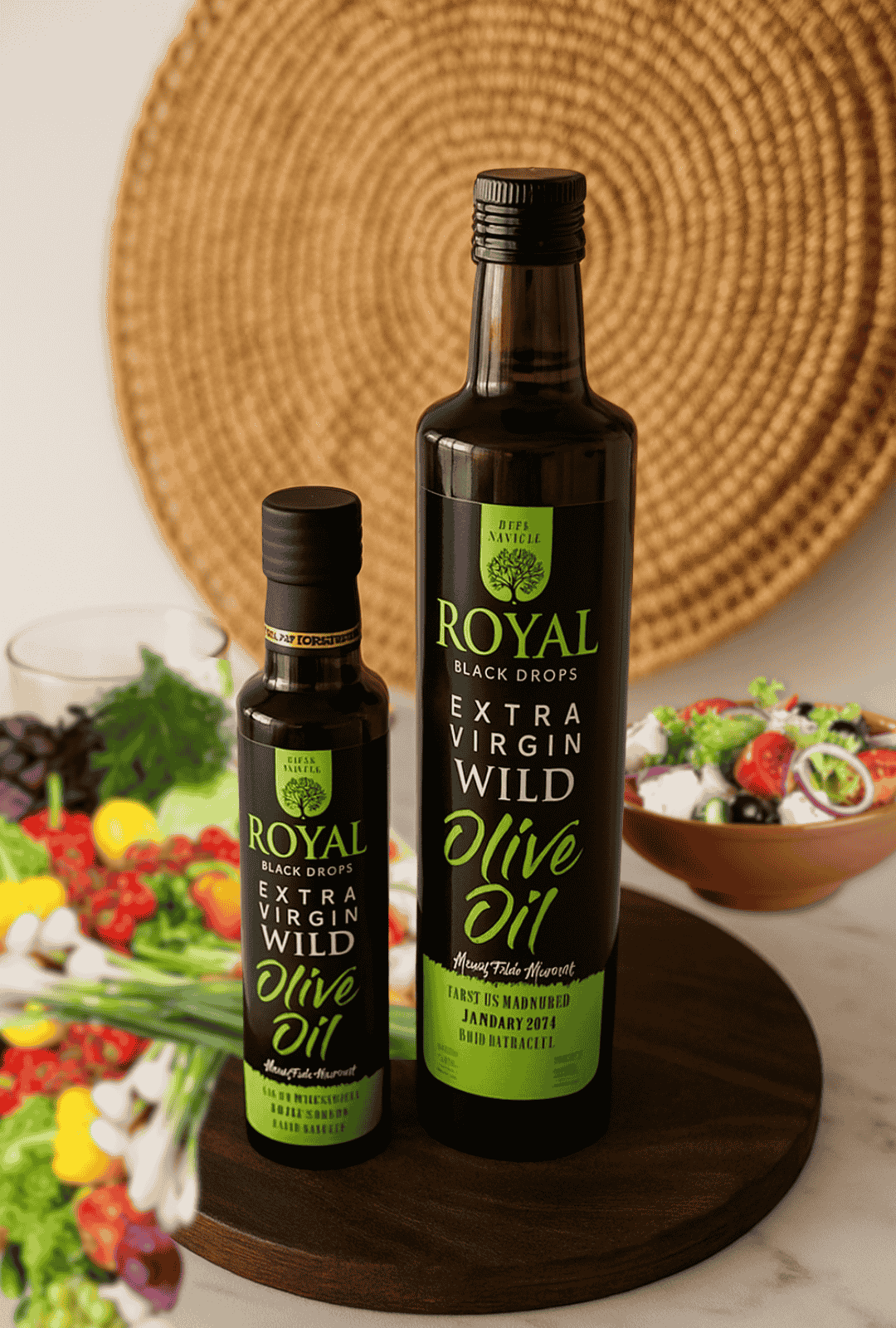 Two bottles of Royal Black Drops Extra Virgin Wild Olive Oil on a wooden board with a woven mat and vegetables in the background.