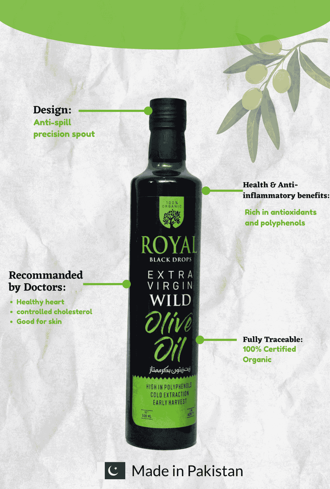 Royal Extra Virgin Wild Olive Oil – Cold Pressed 1 Litre (Glass Packing)