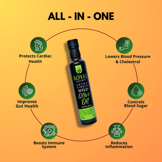 Bottle of Royal Olive Oil with health benefits on a yellow background