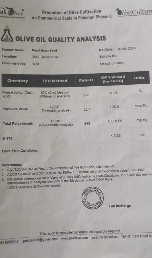 Royal bolan Foods Extra virgin Olive oil quality analysis report with various measurements and standards.