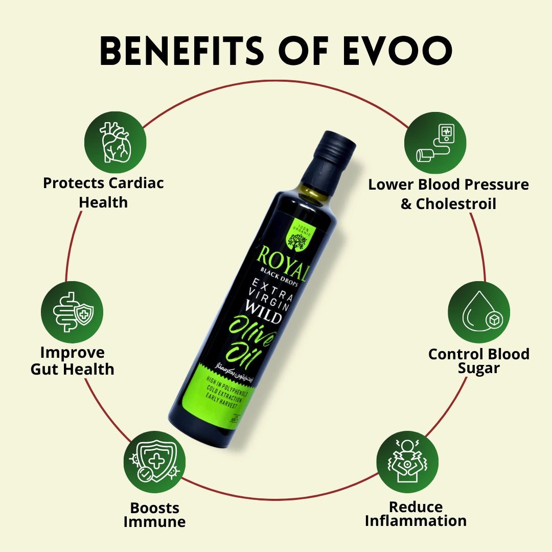 Bottle of Royal Extra Virgin Wild Olive Oil with health benefits listed around it on a beige background