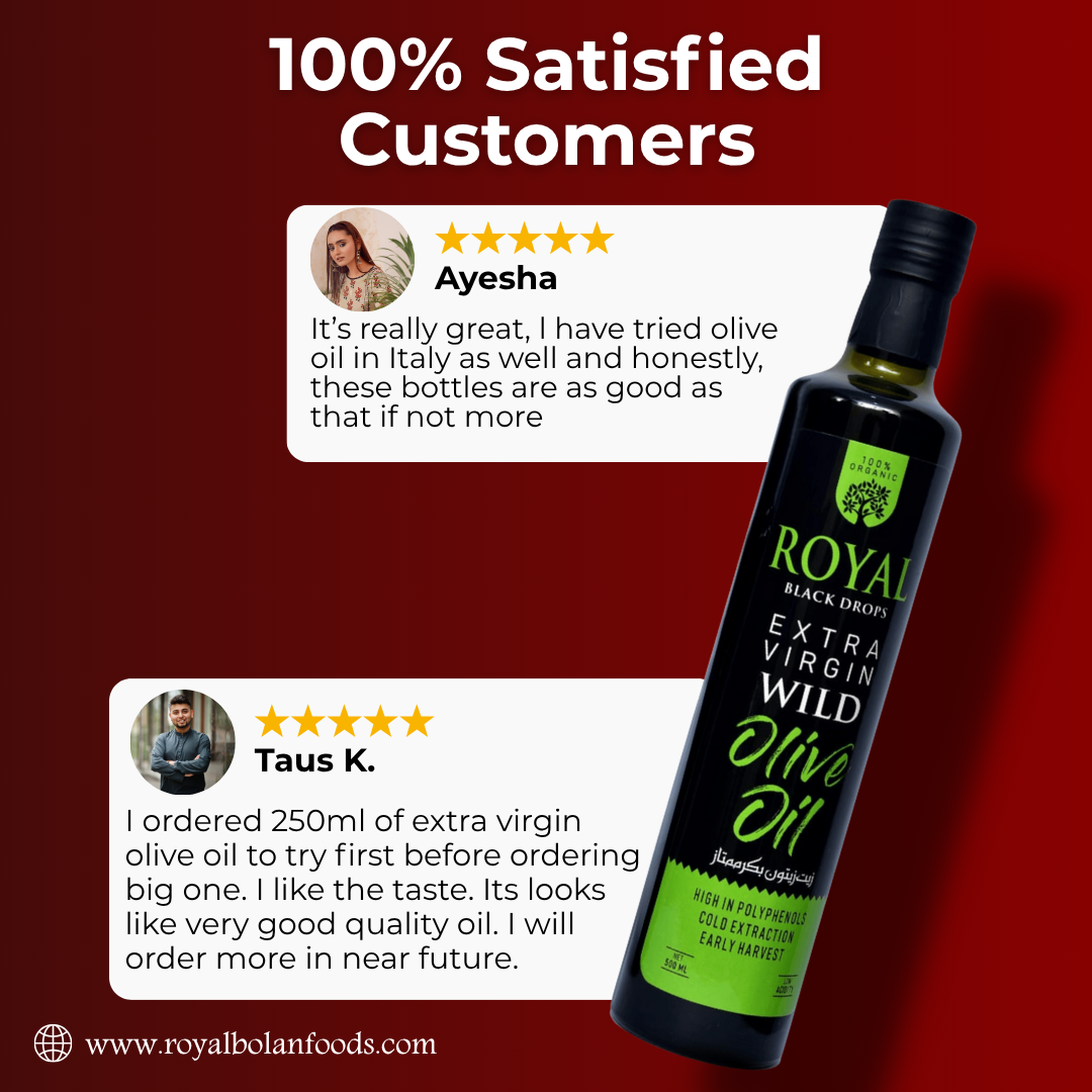 Bottle of Royal Extra Virgin Wild Olive Oil with customer reviews on a red background