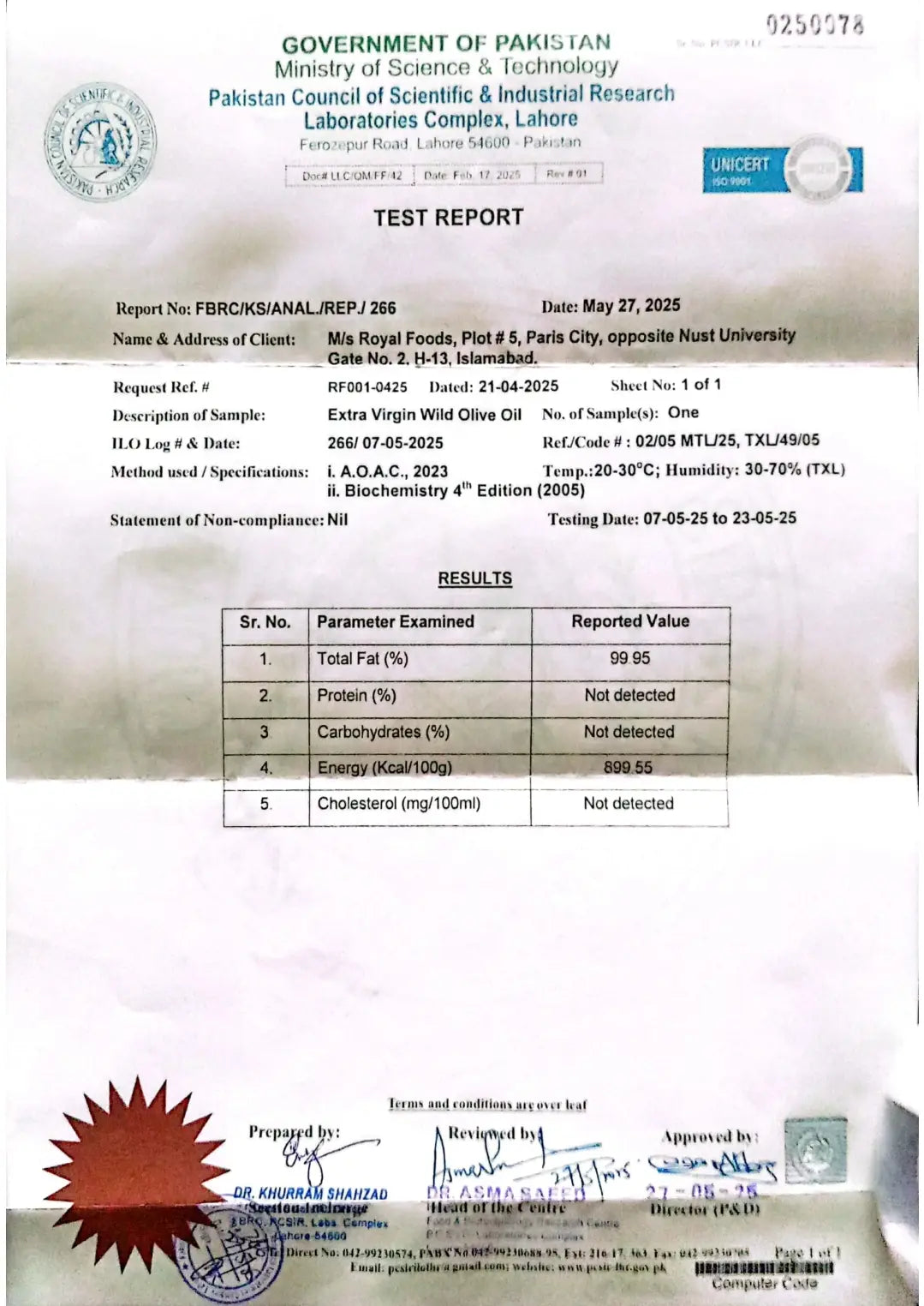 Royal bolan Foods Extra virgin Olive oil Test report from Pakistan Council of Scientific & Industrial Research Laboratories Complex