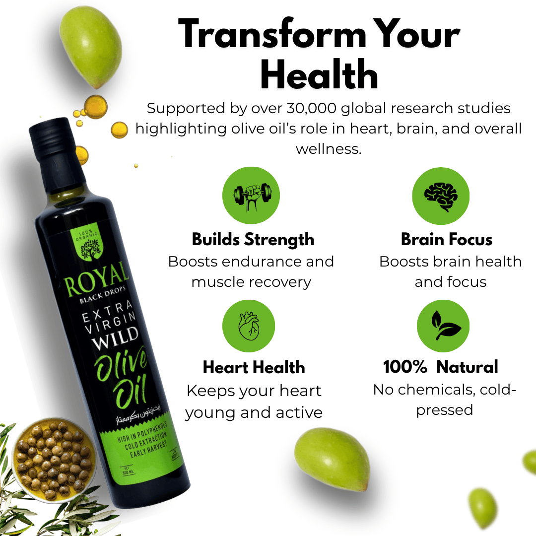 Bottle of Royal Black Drifts Extra Virgin Wild Olive Oil with health benefits listed on a white background.