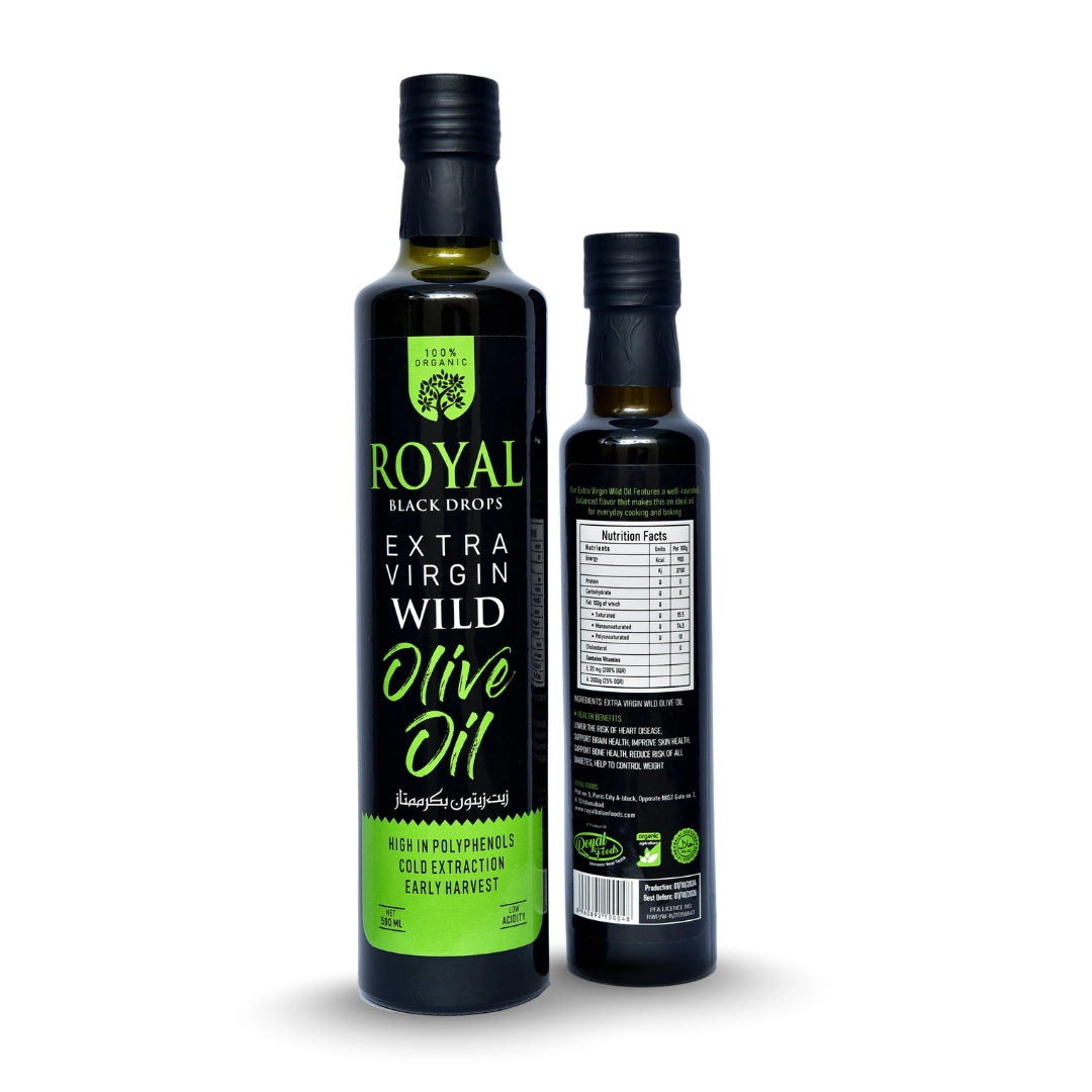 Two bottles of Royal Black Drops Extra Virgin Wild Olive Oil on a white background