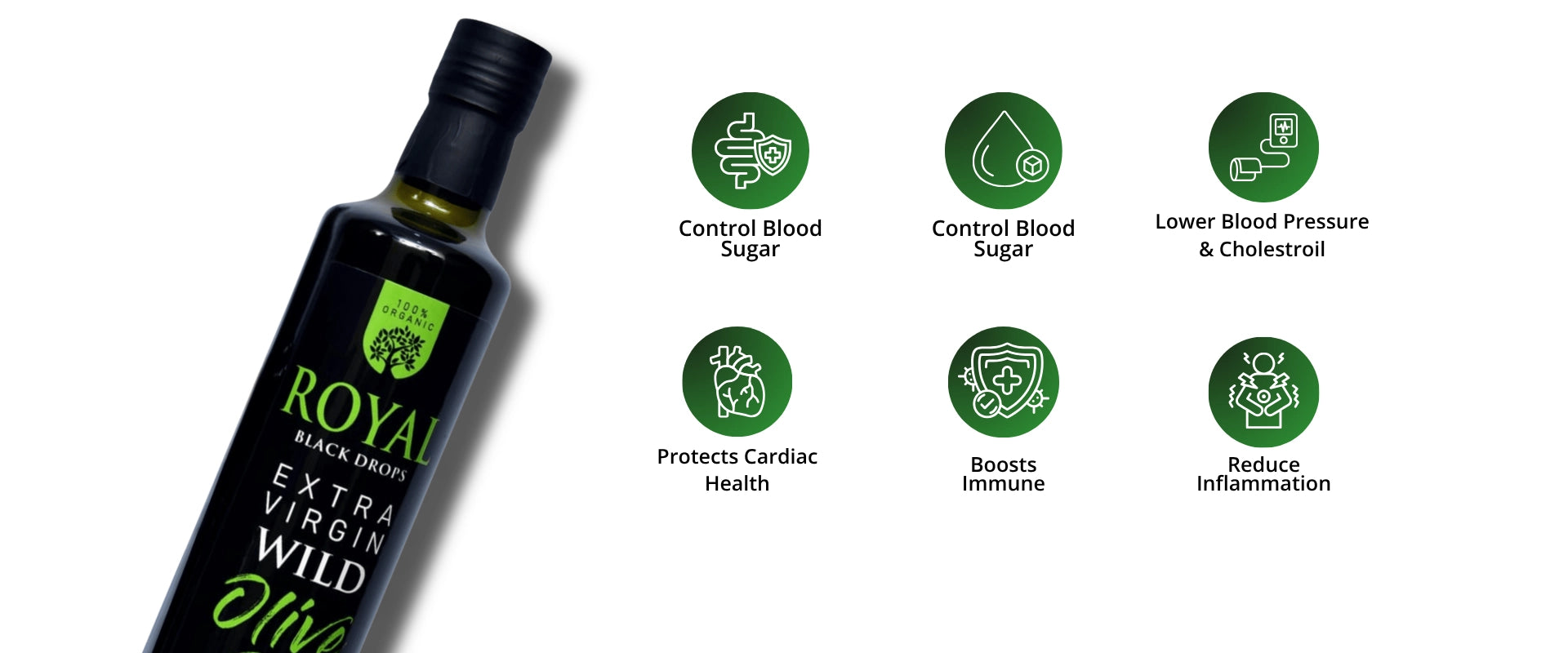Bottle of Royal Black drop extra virgin olive oil with health benefits icons on a white background