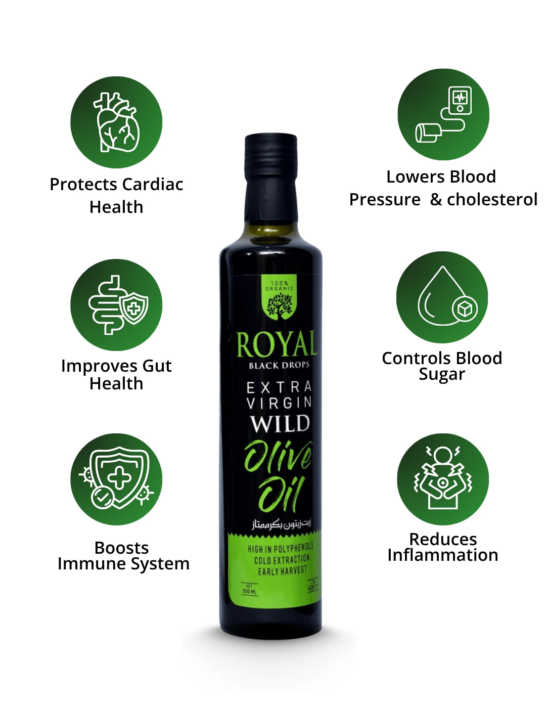 Bottle of Royal Black  Extra Virgin Wild Olive Oil with health benefits icons on a white background