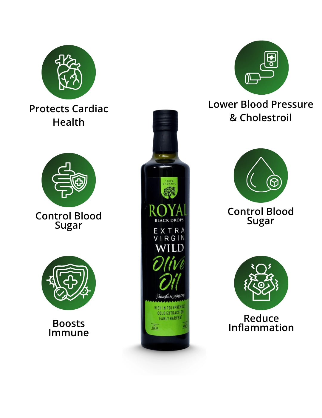 Bottle of Royal Black  Extra Virgin Wild Olive Oil with health benefits icons on a white background