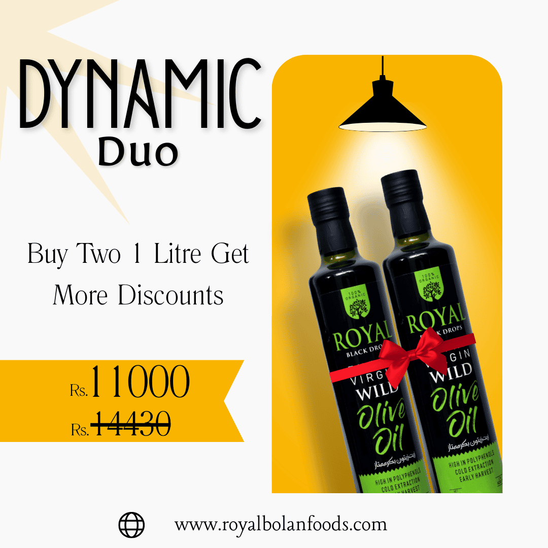 Advertisement for Royal Bolan Foods olive oil with a discount offer on a yellow background.