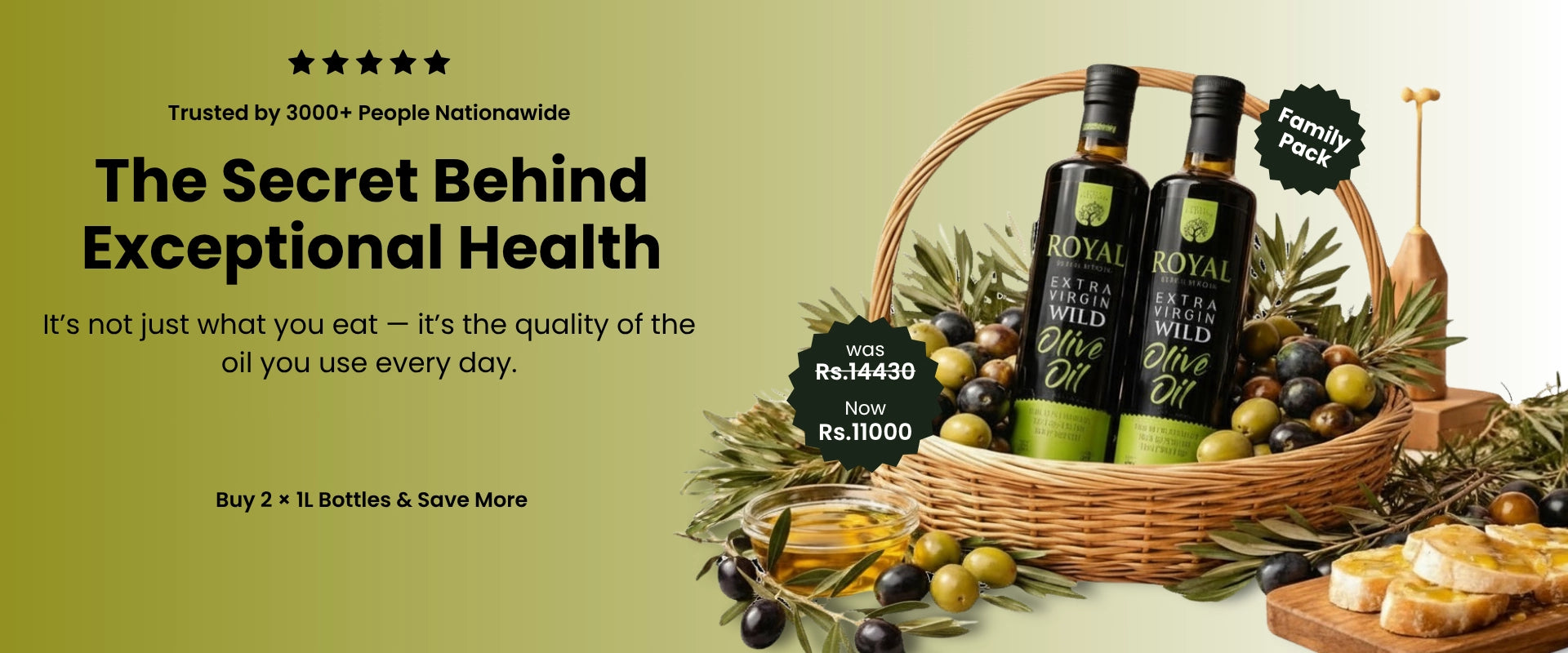 royal bolan foods product in Basket of olive oil bottles with promotional text on a green background