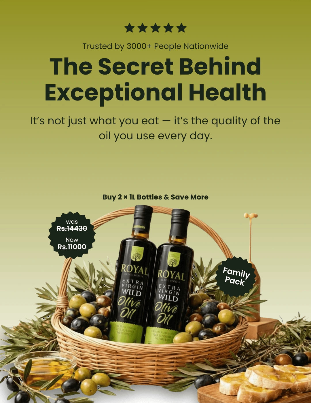 Two bottles Royal bolan extra virgin olive oil in a basket with promotional text on a green background